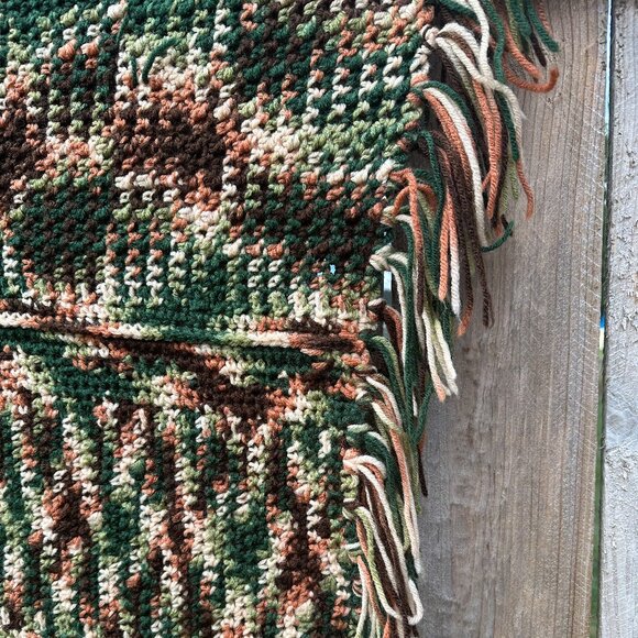 Vintage Handmade Blanket Knit Crochet Fall Brown Green Tan Fringe Cottagecore - Picture 4 of 7